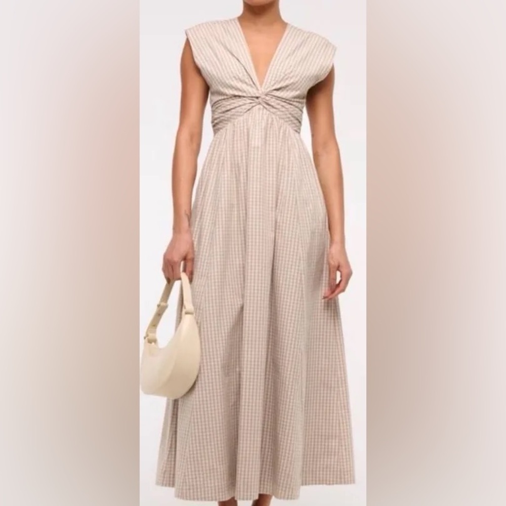 Abercrombie & Fitch Beige Gingham Twist-Front Midi Dress
